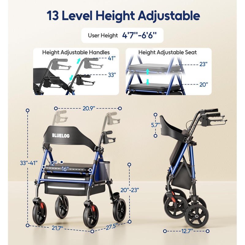 Bluelog Walkers for Seniors Rollator Walkers with Seat 350lb Capacity