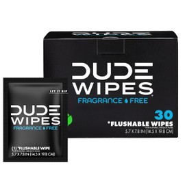 DUDE Wipes On-The-Go Flushable Wipes - 1 Pack, 30 Count - Unscented Extra-Large Individually Wrapped with Vitamin E & Aloe - Septic and Sewer Safe