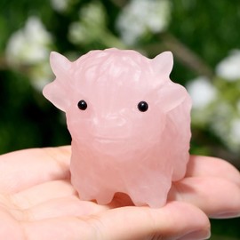 GUJOXILA 2" Rose Quartz Highland Cow Healing Cryatal Ornaments Highland Cow Cryatal Gifts for Women Statue Figurine Kitchen Office Desk Home Decor Pink Lucky Cute Small Gifts