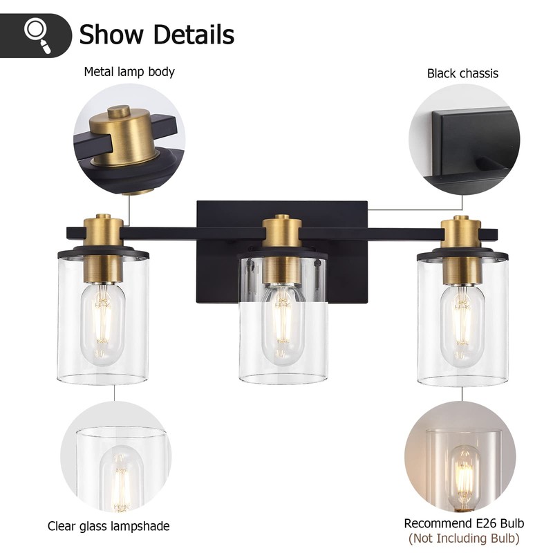 stambord 3 Light Bathroom Vanity Light, Black and Gold Light
