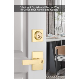 goldenwarm Gold Door Handle with Deadbolt, Square Contemporary Brushed Gold Exterior Door Lock Set with Deadbolt, Heavy Duty Zinc-alloyed Front Entry Door Locksets with Deadbolt(2 Pack)