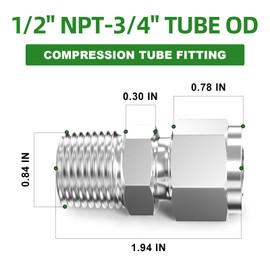 TAISHER 1PCS 304 Stainless Steel Compression Tube Pipe Fitting Connector, 3/4" Tube OD x 1/2" NPT Male Straight Adapter
