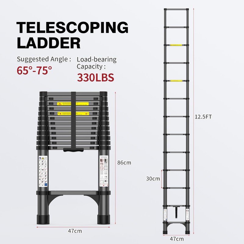 12.5FT Heavy-Duty Telescoping Ladder, 330lb Capacity Aluminum Extension Ladder with