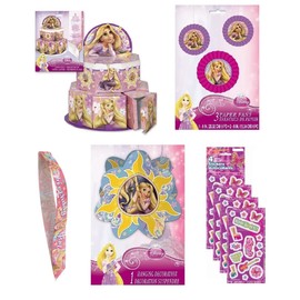 Rapunzel Tangled Princess Birthday Party Supplies Bundle Pack includes Favor Boxes Centerpiece, Hanging Fans, Hanging Centerpiece Decoration, Birthday Sash (4 Items)