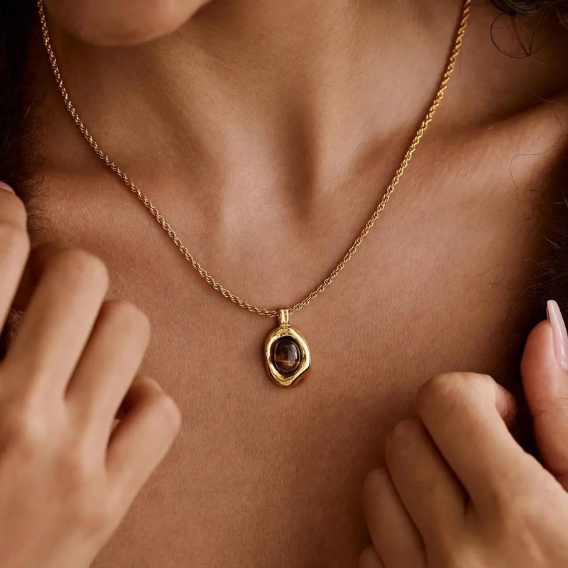 Moonffay Natural Tiger Eye Necklace, Gold Stone Pendant Necklace, Vintage