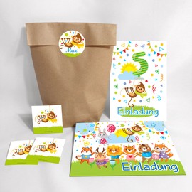 JuNa-Experten Set of 10 Invitation Cards, Envelopes, Bags, 5th Birthday Party Stickers for Boys Cute Monkey (10 Cards + 10 Envelopes + 10 Party Bags (Cross Bottom Bags) + 10 Stickers)