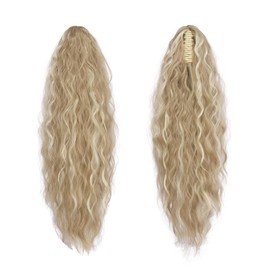FESHFEN Claw Clip Ponytail Extensions - Long Pony Tail Hair Piece Wavy Curly Synthetic Hairpieces for Women, Dirty Blonde 30 inch