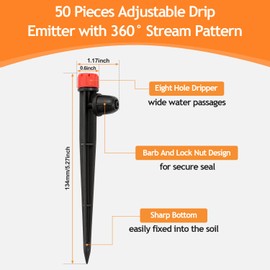 Copadri 50pcs Drip Emitters for 1/4" Irrigation Tubing, Easy Connect Adjustable 360 Degree Water Flow Sprayer On 5" Stake for 4/7mm Tube Locked Drippers for Garden, Flower, Plant