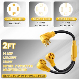 Upgraded 30 Amp Dryer Y Splitter to EV Charger, NEMA 14-30P to 14-30R/14-50R, 4 Prong Dryer Outlet Plug Adapter Cord, 10AWG STW 250V Heavy Cable for Dryer & EV(2FT, ETL Listed)