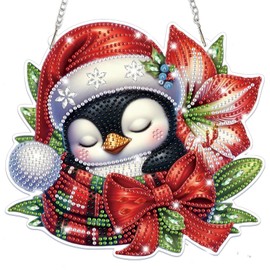 Bowetile Christmas Diamond Art Hanging Kits for Adults Kids, Penguin Diamond Art Suncatchers, 5D Special Shape Diamond Painting Pendant Window Ornament Christmas Gifts for Home Door Wall Decor