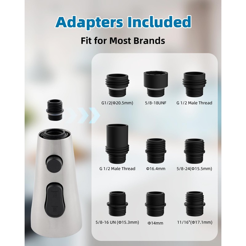 Stainless Faucet Head Replacement with 15 Adapters Compatible with Moen/Delta/Kohler