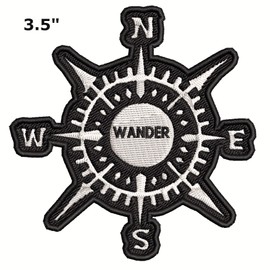 Compass Wander 3.5" Black Embroidered Patch DIY Iron or Sew-on Decorative Vacation Souvenir Applique Wander Nature Wildlife Hike Trek Camping Explore Mountains Stars Moon National Park Scout Guide