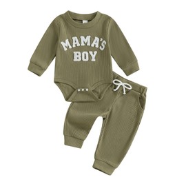 Newborn Boy Clothes Mamas Boy Baby Grow Waffled Long Sleeve Onesie Romper with Elastic Drawstring Pants for Infant Boys Spring Autumn 2Pcs Outfit Clothing Sets (Army Green, 0-3 Months)