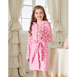 Arshiner Boys Girls Flannel Bathrobes Soft Fuzzy Hooded Robe Sleepwear with Belt for Kids Pink Polka Dots 8-9 Years