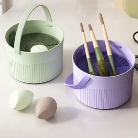 3-in-1 Makeup Brush Cleaning Bowl with Hanging Strap - TPR+PP Material - Purple/Green/Coffee - Compact Design for Brush, Drying & Storage - φ11*7.5cm