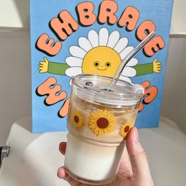 Olvini 13oz Glass Tumbler with Glass Straw and Lid, Iced Coffee Cups Reusable, Water Cup, Coffee Tumbler, Glass Coffee Mugs, Sunflower Gifts (Sunflower - 13oz)