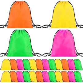Abbylike 24 Pieces Neon Party Drawstring Backpack Bags Neon Party Drawstring Goodie Favor Bags Supplies Gifts Candy Gift Bags for Neon Party, 4 Colors