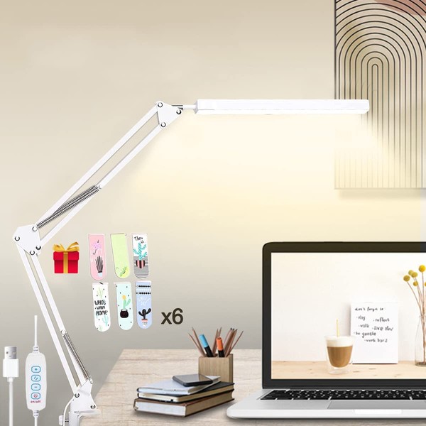 Lámpara de escritorio LED 3 colores en uno Lámpara de brazo oscilante ajustable Protección para los ojos Lámpara de escritorio de lectura 10 niveles de brillo Rotación de 360 grados con función de memoria de clip Lámpara de escritorio de brazo largo adec