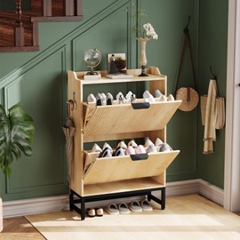 GAOMON Fluted Shoe Cabinet with 2 Flip Drawers - Slim Modern Shoes Rack with Sturdy Metal Legs, Freestanding Hidden Storage Organizer for Entryway, Hallway, Bedroom, or Apartment, Natural