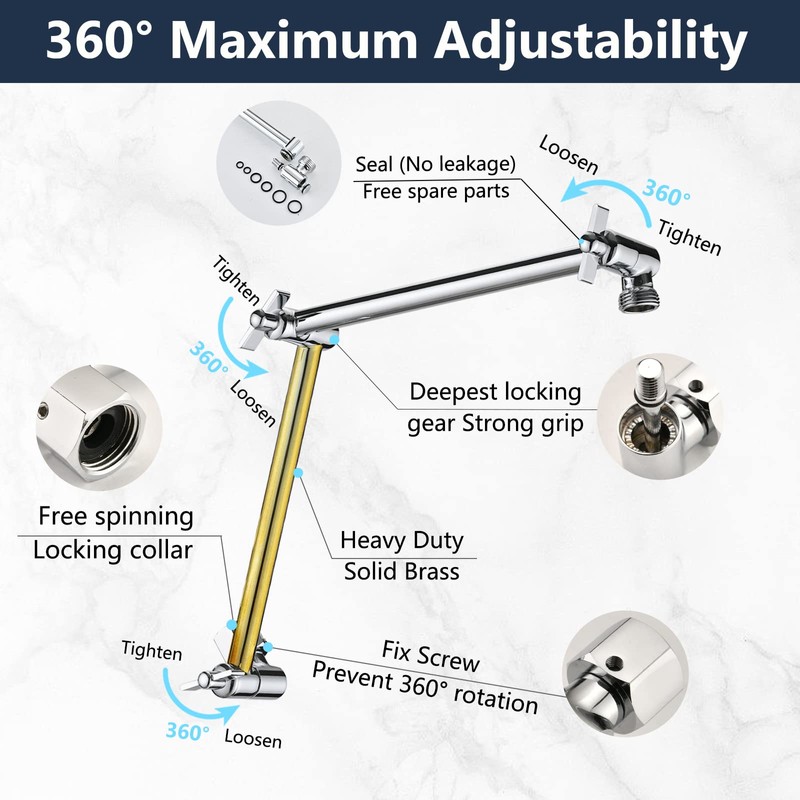 PDPBath Shower Extension Arm, 16" Upgrade Solid Brass Shower Head