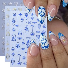 6Sheets Retro Flower Nail Art Stickers 3D Bohemian Style Design Nail Decals Self-Adhesive Gold Silver Petals Line Nail Sticker Boho Blue Floral Nail Decal for Women DIY Manicure Charms Decor Supplies