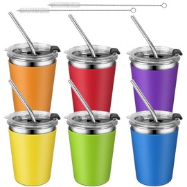 ShineMe Cups With Lids and Straws, 6pack Stainless Steel Toddler Tumbler with Metal Straws, Unbreakable Kids Sippy Cups with Colorful Silicone Sleeves for Cold & Hot Drinks