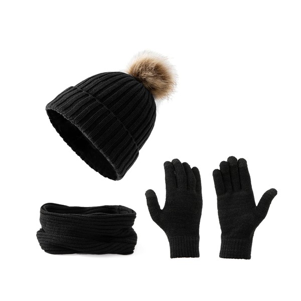 Embouro Ladies 3 in 1 Pom Pom Beanie Scarf Gloves