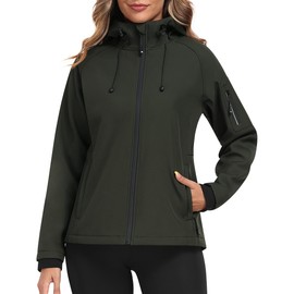 MoFiz Women's Fleece Lined Softshell Jacket Hooded Windproof Lightweight Insulated Jacket Full Zip Warm Coat Army Green L