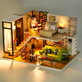 DIY Miniature Doll House Kit, with Dust Cover Build Dollhouse Building Set with LED Light, Mini House Making Kit with Furnitures Hobby Craft Gifts for Adults