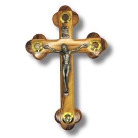 3 ARCHES USA Genuine Holy Land Olive Wood Cross Home & Room Decor - Hand-Carved 9" Crucifix with Bethlehem Stones, Soil, Incense - Unique Christian Home & Wall Decor