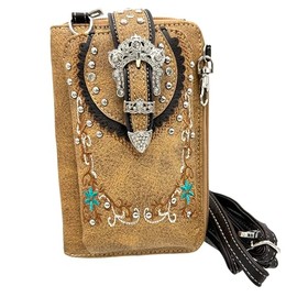 Western Buckle Floral Embroidered Women Crossbody Phone Wallet (Tan)
