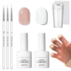 Nude French Manicure Kit - 2PCS Gel Nail Polish - Jelly Nude White Color Nail Polish French Nail Tool Set - 3PCS Thin Nail Art Brushes and Nail Stamper Long Lasting UV Lamp Required