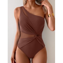 Aidonger One Shoulder One Piece Swimsuit for Women Mesh Tummy Control Bathing Suit Twist Swimwear Brown
