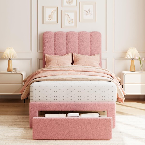 GarveeHome Twin Bed Frame with Under-Bed Drawer, Upholstered Platform Bed