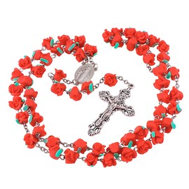 YWLI Rosary Beads Catholic - 6 Color, Confirmation Gifts for Teenage Girl, Red Polymer Clay Rose Necklace Jewelry, Silver Alloy Cross Necklace for Women, Gifts for Women