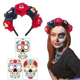 NENMATTE - Diadema de ojos de Halloween, diseño de calavera de corona floral rosa, disfraces de Halloween, diademas de fiesta de cosplay con tatuajes muertos (rojo)