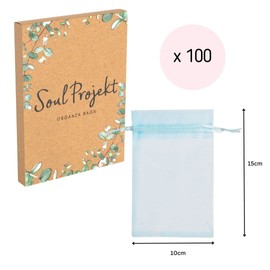 Soul Projekt 100pcs Organza Bags, Light Blue 10x15cm Drawstring Net Bags for Favours, Jewellery, Birthdays, Diwali Mini Bags, Wedding Sweet Bags, Party, Christmas Organza Pouches All Occasions