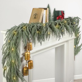 Fovths 1 Pack Christmas Norfolk Garlands Set 6 Feet Artificial Faux Greenery Garland 4 Cow Bell with Jute Hanging Rope Light String Winter Pine Garland for Xmas Indoor Holiday Decor, Green+White
