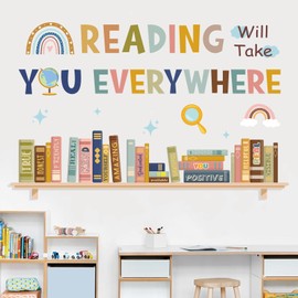 JarThenaAMCS Boho Reading Will Take You Everywhere Wall Stickers Inspirational Quote Wall Decals Motivational Phrase Room Mural Stickers for Back to School Home Classroom Library Study Room Decor