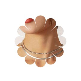 Allereya Vintage Layered Tennis Chain Necklace Crystal Tennis Choker Necklace Silver Snake Chain Necklace Short Rhinestone Tennis Herringbone Necklace Jewelry for Women and Girls