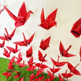 YMASELA - Guirnalda grande de papel de origami rojo para colgar (1,4 m x 3 cuerdas) Twinkle prehecha a mano para pájaros de origami para bodas, despedidas de soltera, baby shower, suministros para
