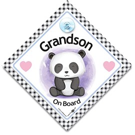 Grandson On Board Sign, Baby Panda On Board Sign, High Visibility Advisory Suction Cup Car Window Sign Designed to Let Other Road Users Baby is in The Car, 14 cm x 14cm x 2cm