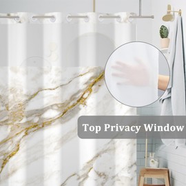 Baocicco No Hook White Marble Shower Curtain with Snap-in Fabric Liner Set for Bathroom Gold Texture Double Layers with See Through Mesh Top Window Waterproof Bathtubs Hotel Curtain Set 71x74 Inch