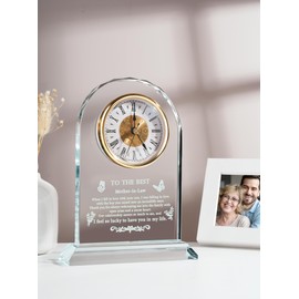 Mother in Law Glass Clock Gift from Daughter or Son by Marriage: Unique Birthday, Christmas, Thanksgiving Blessings, Mother's Day, and Valentine Gifts - Elegant Desk Clock with Base