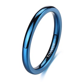 TIGRADE 2mm 4mm Blue Titanium Plain Dome High Polished Wedding Band Ring Comfort Fit Size 4-10 (2mm, 7.5)