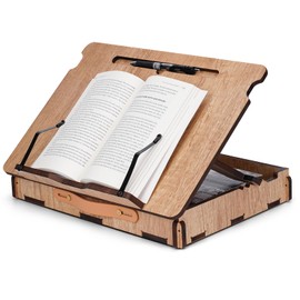 Salcod Book Stand with Storage, Multi-Angle Book Holder for Reading in Bed, Lap Book Holder with Organizer Tray for Books, Tablet, Cell Phone, Earphone, etc (Walnut)