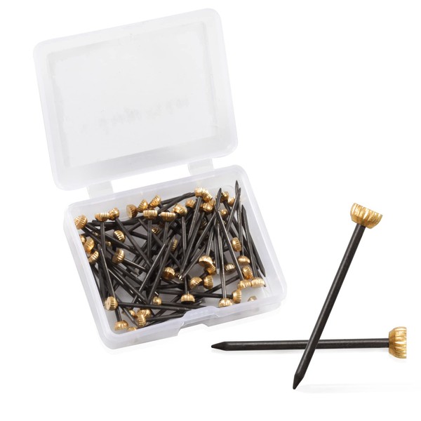 SPEEDWOX 60pcs Brass Nails Round Head Nominal Diameter 1.3mm x Length 25mm for Wall Hanging Hooks Decorative Nails Ideal for Various Decoration Picture Hanger Black Steel Nail and Brass Headframe