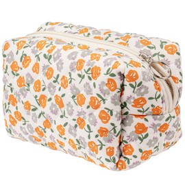 EFFUSON Floral Quilted Makeup Bag, Cute Rose Cosmetic Bag for Women, Flower Travel Toiletry Bag, Cotton Make up Bag Pouch