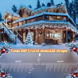KNONEW 99FT 1216 LED Christmas Lights Outdoor Decorations 8 Modes White Curtain String Light with 228 Drops, Clear Wire LED String Light Indoor Decor for Wedding Party Holiday Christmas