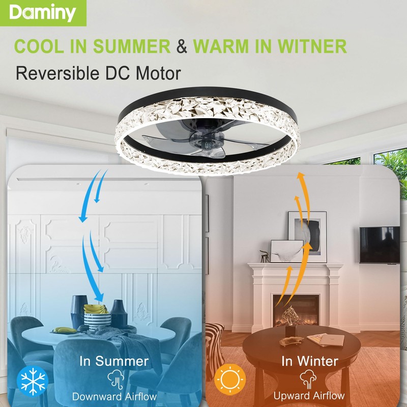 DAMINY 20" Black Modern Ceiling Fans with Lights and Remote,